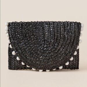Black Woven Straw Francescas Clutch White Pom Poms